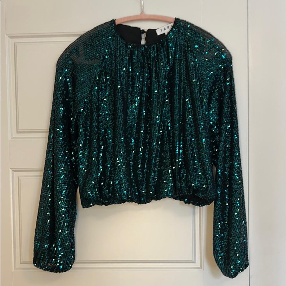 THML Emerald Sequin Long Sleeve Top with bubble hem Size XS great for holiday